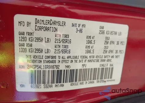 2006 Chrysler Town & Country Touring из США, поврежденный, VIN 2A4GP54L16R808782